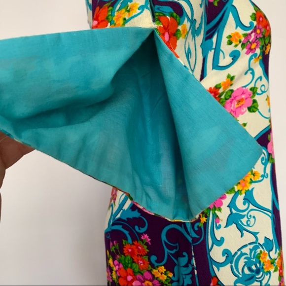 Vintage 60s Hawaiian Floral Barkcloth Maxi Dress - Picture 11 of 15